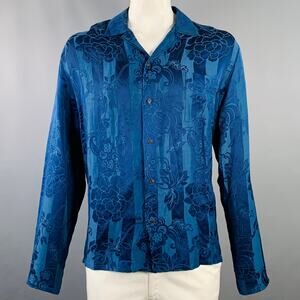 Size XL Blue Jacquard Linen Silk Floral One Pocket Long Sleeve Shirt
